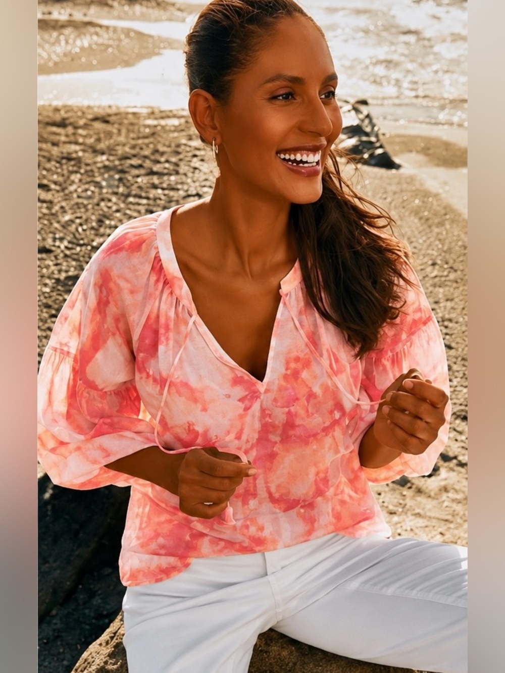 Tommy Bahama Blouse Womens L Tie-Dye 3/4 Sleeve Split Neck Silk Cotton